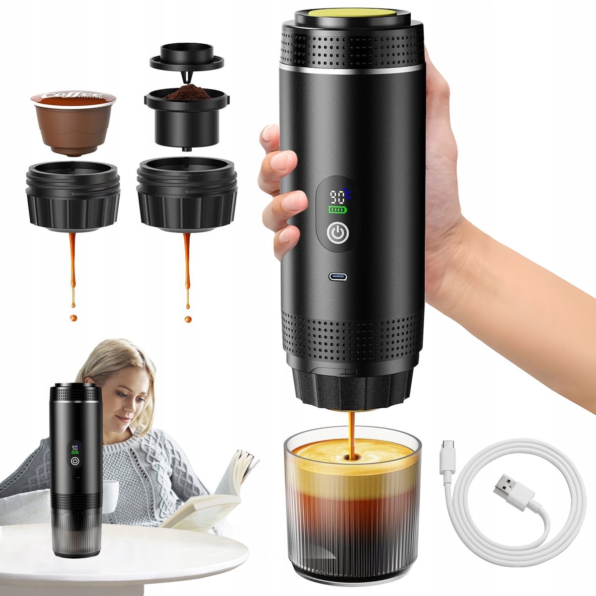 Draagbaar Koffiezetapparaat - Mini Koffiemachine - Capsule Koffiezetter - 20 Bar - 70 Sec Extractie - Koffiecups & Gemalen - Koffie Espresso - Oplaadbaar USB-C - Voor Thuis & Kantoor & Kamperen & Reis - Zwart