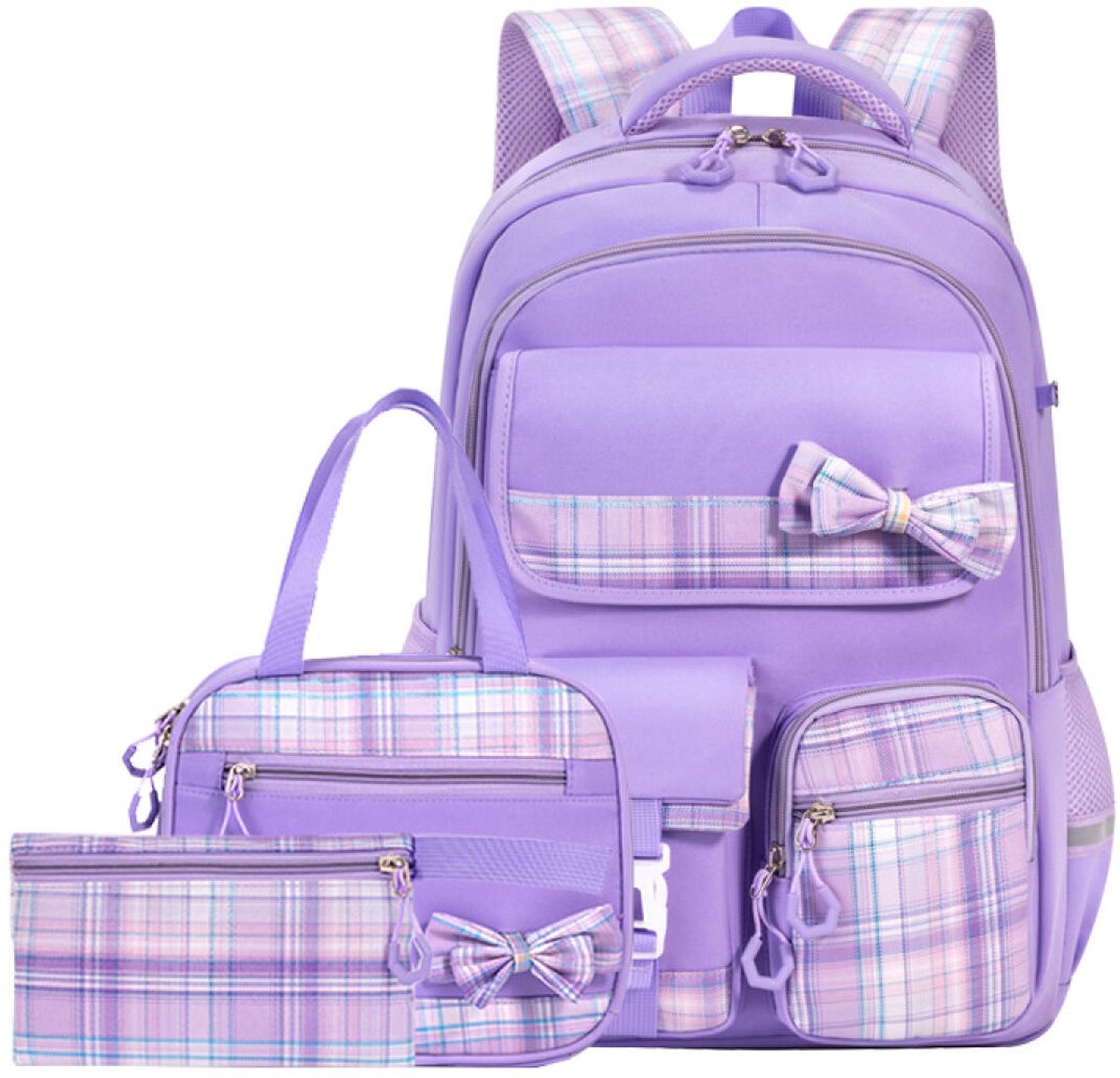 Waterdichte rugzak voor meisjes - 3-Delige Set: Rugzak, Etui & lunchtas - met Pluche ornament - Meerlaags ontwerp - grote capaciteit 30 L - gebogen schouderband - Ergonomisch - Lightweight - Lichtgewicht - Oxford-stof - Tieners - Preppy Stijl - Paars