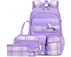 Waterdichte rugzak voor meisjes - 3-Delige Set: Rugzak, Etui & lunchtas - met Pluche ornament - Meerlaags ontwerp - grote capaciteit 30 L - gebogen schouderband - Ergonomisch - Lightweight - Lichtgewicht - Oxford-stof - Tieners - Preppy Stijl - Paars