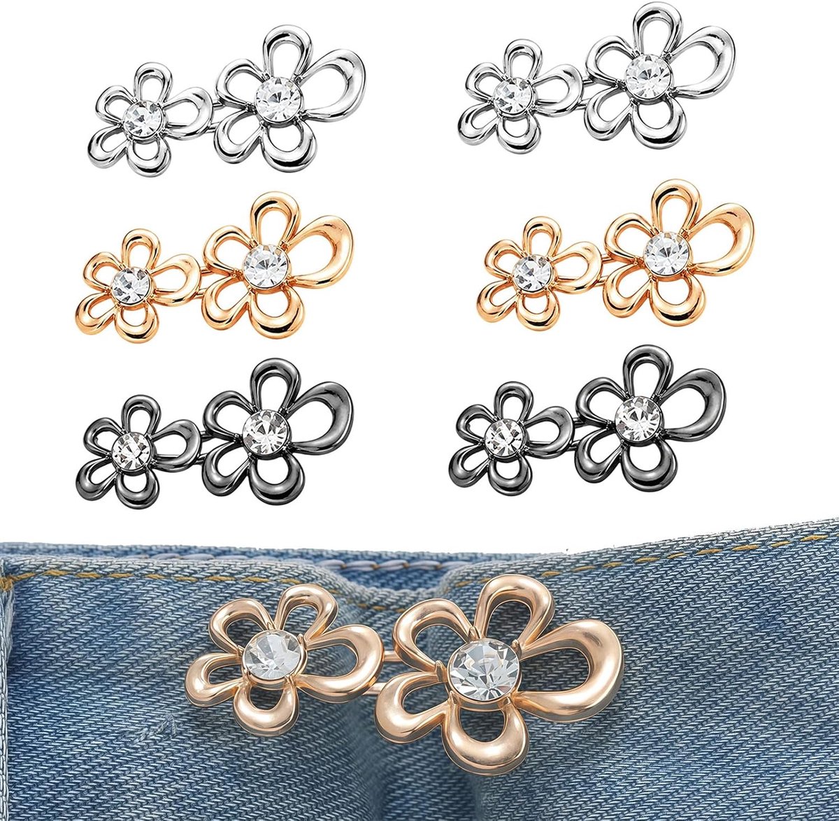 KZQ Verstelbare Broekknopen 6 Paar – Zonder Naaien, Taille Strakker Maken Voor Jeans En Rokken (Bloemenpatroon)