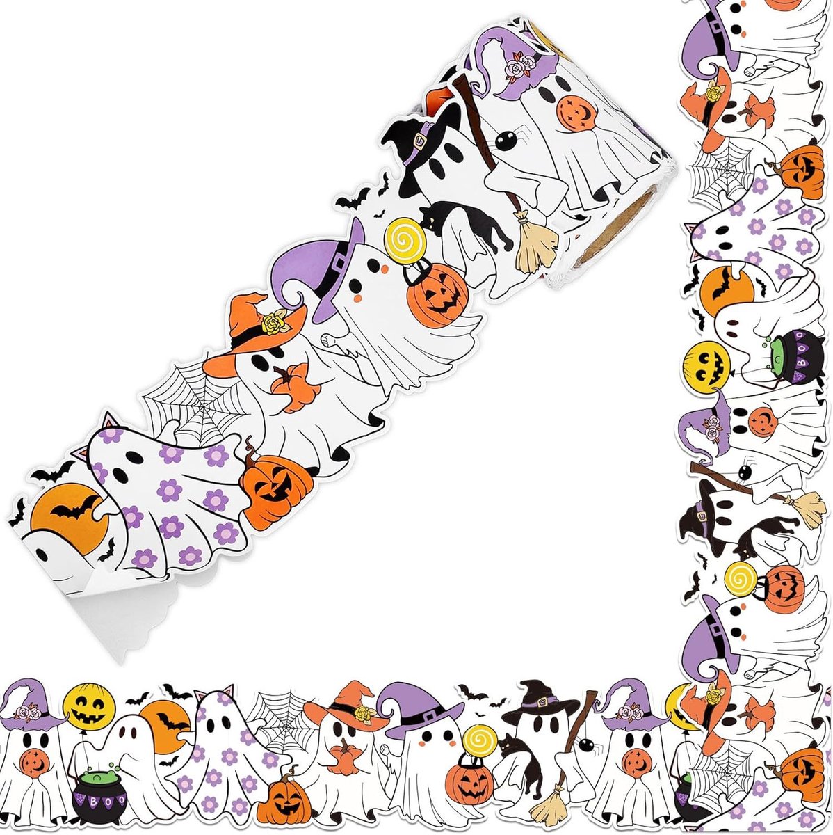 1 rol randstickers voor prikborden (Halloween-thema) - 7 cm × 10 m - Leuke paarse spookjes en zwart-witte patronen - Geschikt voor klaslokalen, kantoren, schoolborden en feestdecoraties