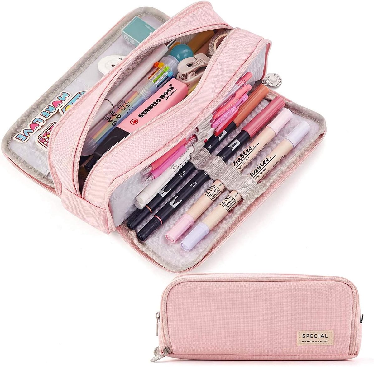 KZQ Roze Etui met Drie Vakken en Ruime Opbergruimte, Geschikt voor School, Kantoor, Reizen en als Make-uptas voor Volwassenen