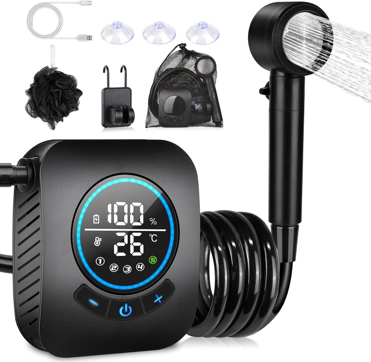 Draagbare campingdouche - 8000mAh oplaadbare pomp - temperatuurweergave - voor kamperen, tuin, strand en huisdieren - mobiele doucheset - voor buiten- en thuisgebruikers - zwart
