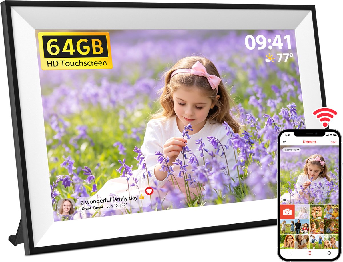 Digitale fotolijst met WiFi en Frameo App - 10.1 inch HD IPS Display - Fotokader met Touchscreen - 64GB Geheugen - Automatische Rotatie & Wandmontage - Wit met zwarte rand