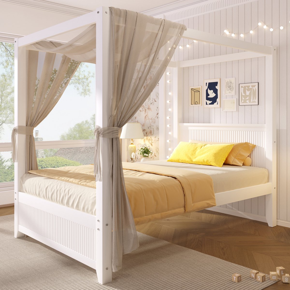 STILVORA Hemelbed 90x200cm - Eenpersoonsbed met open dakframe en verticale lamellen - Voor kinderkamer, tienerkamer en logeerkamer - Wit - Zonder matras