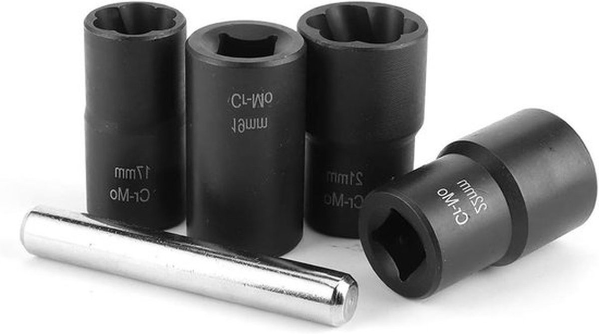 Set van 5 Stuks Verwijderaar voor Beschadigde Moeren met 1/2" Aandrijving - Draaibare Steeksleutel en Rechthoekige Bar voor Efficiënt Onderhoud en Reparatie