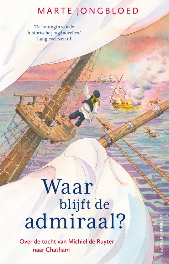 Illustratie van een jongen die aan een touw klimt op een schip, met brandende schepen op de achtergrond.