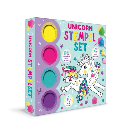 Unicorn stempelset met 4 verfpotjes in geel, roze, cyaan en paars, 30 kleurplaten en 4 sponsstempels.