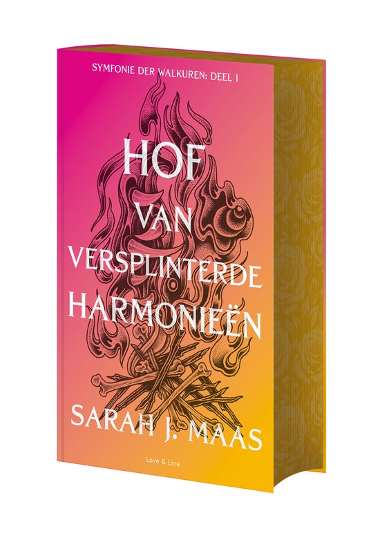 Boekomslag 'Hof van Versplinterde Harmonieën' met een gele en roze gloed, met takken en vlammen. Geschreven door Sarah J. Maas.
