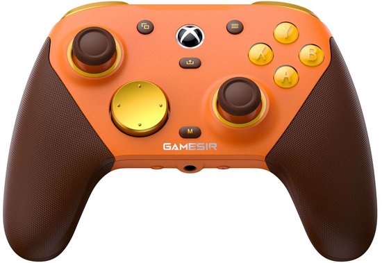 Game controller met oranje en bruine accenten, gouden knoppen en thumbsticks.