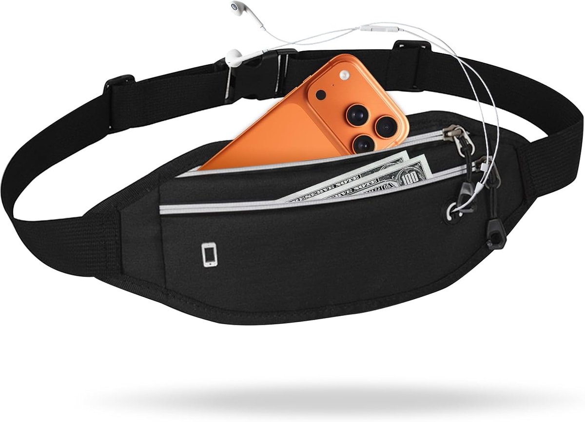 Hardloopriem Heren & Dames - Zwarte Waterafstotende Heuptas met Telefoonhouder tot 7 Inch - Lichtgewicht Reflecterende Running Belt voor Fitness, Wandelen, Fietsen en Marathon