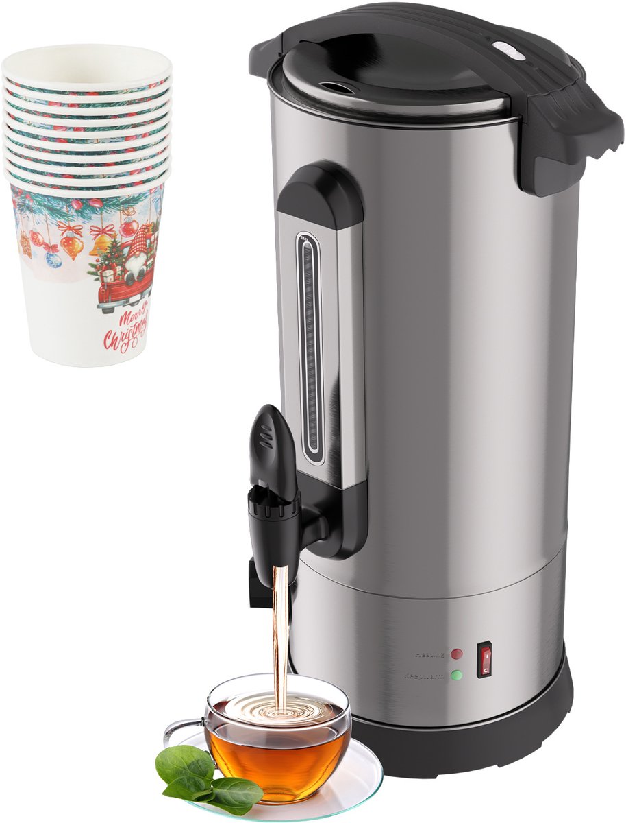 Glühweinketel 10L RVS - 1500W - 30-110 °C - Heetwaterdispenser met Tapkraan en 10 Bekers