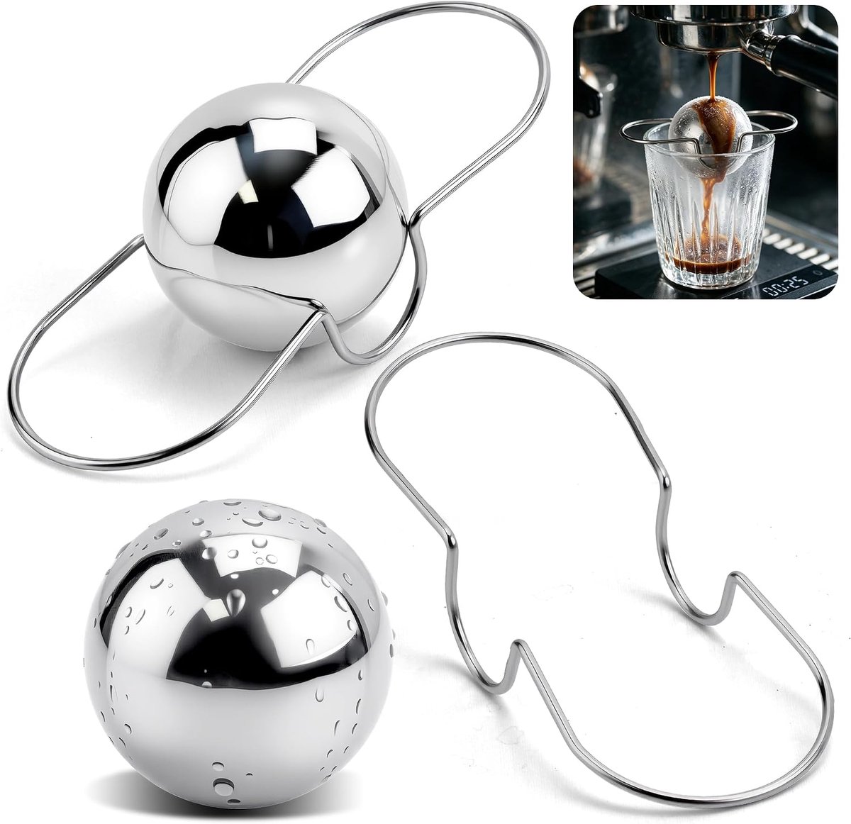 Espresso ijsbal - 2 Stuks - Herbruikbare Koelbal - RVS - IJsbal KoelingEspressokoeler - Espressomachine-accessoires - Snel koelend - Koffieaccessoires - Voor Espresso, Koffie, Cocktails en Bourbon - Zilver