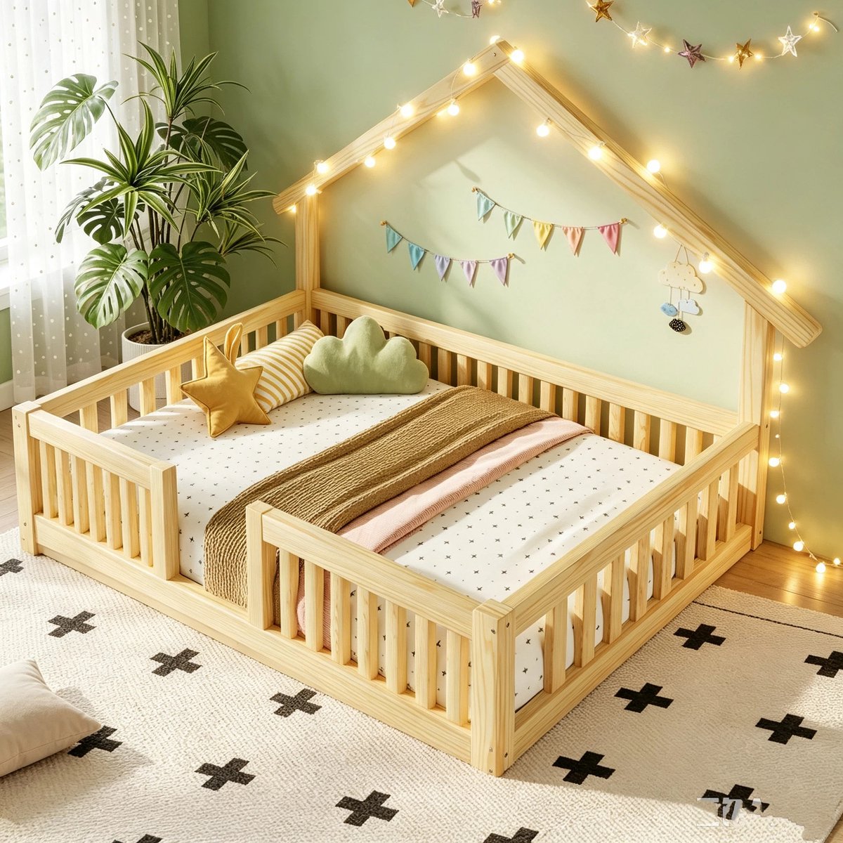 Kinderbed, Houten Huisbed Van 90X200 cm Met Valbeveiliging, Huisbed Met Led-Lichtslinger, Vloerbed Met Veiligheidsleuning-Natuurlijk