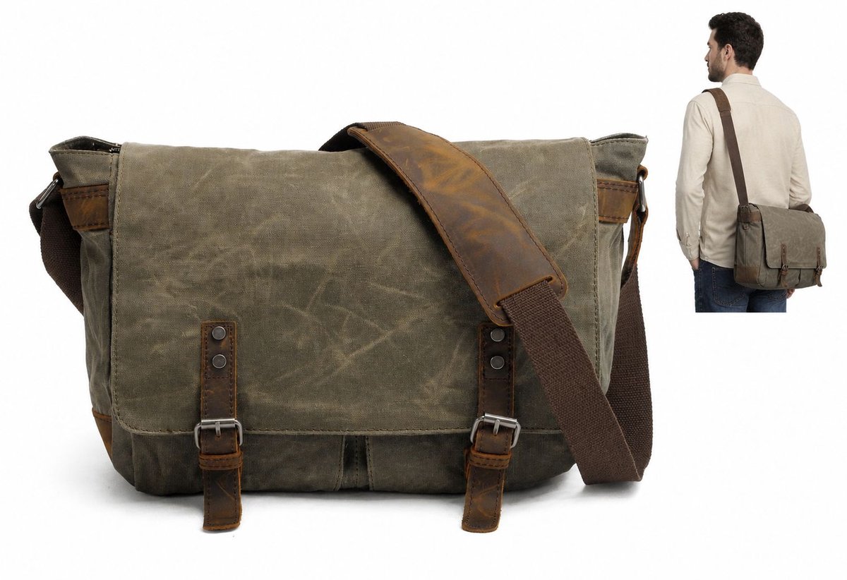 Bobypet - Aktetas heren - waxed canvas en echt leer - schoudertas met 14 inch laptopvak - voor werk en reizen - groen