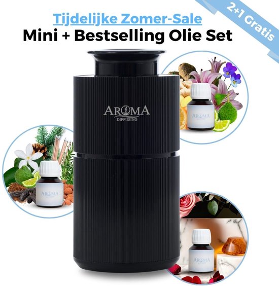 Zwarte, geribbelde Aroma diffuser met 3 geurolieflesjes, bloemen en fruit.