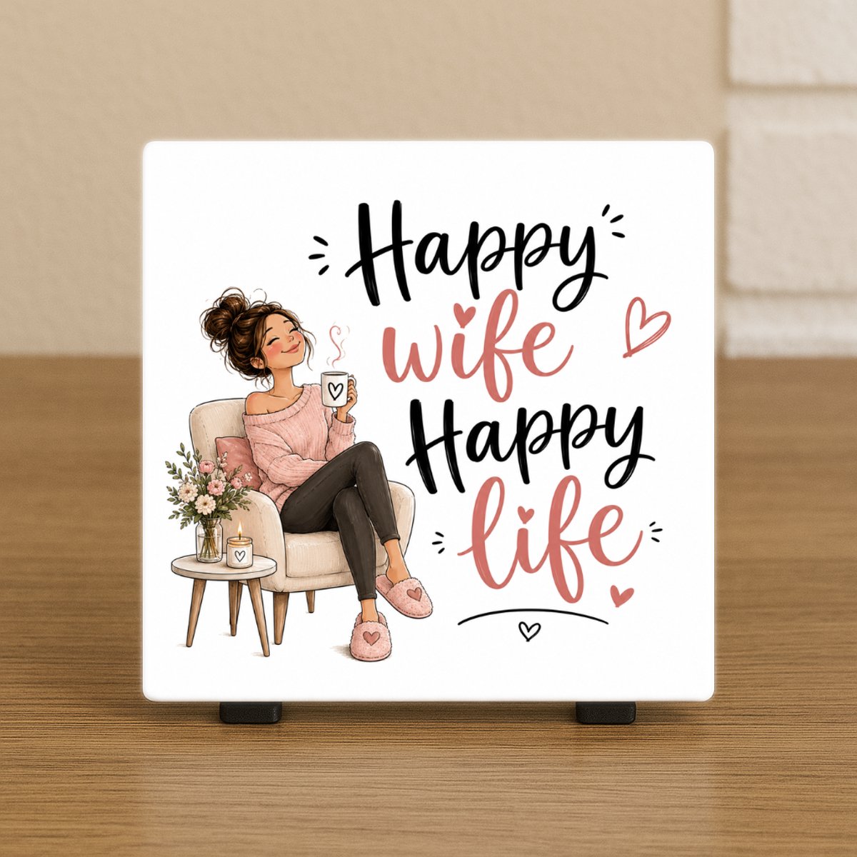 CreaCraft Spreuktegel “Happy wife, Happy life” - Woondecoratie – Cadeau tegeltje – Trendy nu – Vriend(in), Collega, familie – Zomaar – Cadeau – Incl standaard – Wenstegeltje – Cadeau idee