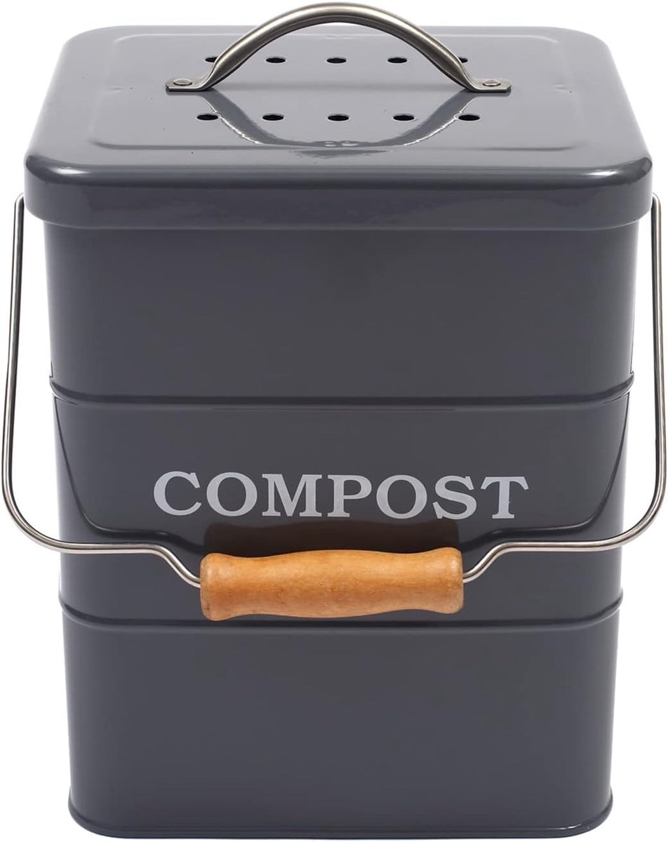 Compostbak voor Keuken 6L - Organisch Afval, Actieve Koolstoffilters, Deksel en Handvat voor Afvalscheiding - Grijs