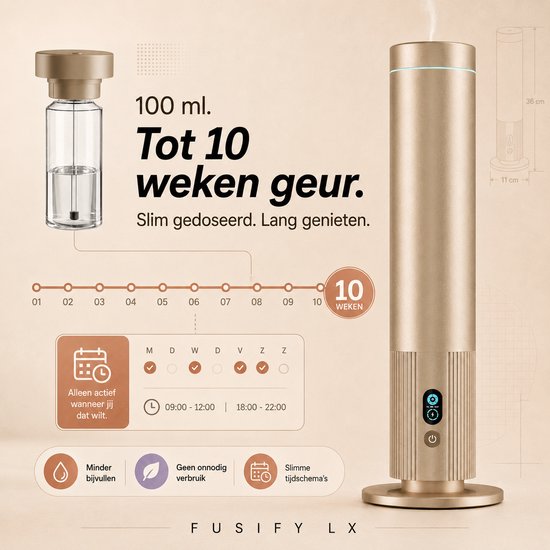 Gouden FUSIFY LX geurverspreider met 100 ml reservoir, slim gedoseerd voor tot 10 weken geur. Met dag- en tijdschema's.