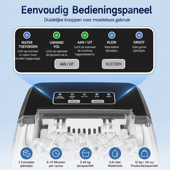 SanaVida - IJsblokjes Machine - Ice Cube Maker - Draagbare IJsblokjesmaker - 12KG/24H - 2 Maten IJsblokjes - Zwart - 27x20x28cm — afbeelding 4