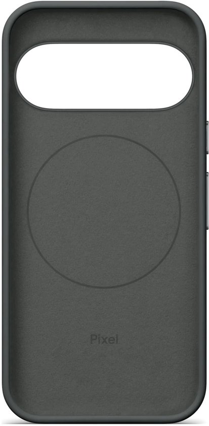 Binnenzijde donkergrijs Pixel-hoesje met cirkelvormige uitsparing en 'Pixel'-tekst.