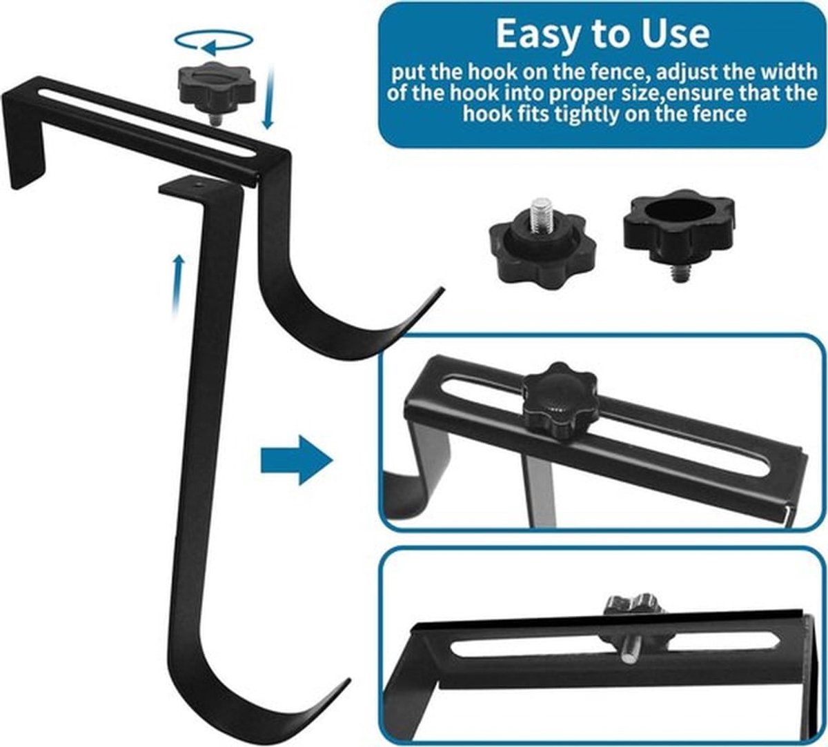 Verstelbare haken voor zwembadhengels, haken voor zwembadhengels, accessoires voor zwembadslangafscheiding, zware hekhaken (2 stuks, zwart)