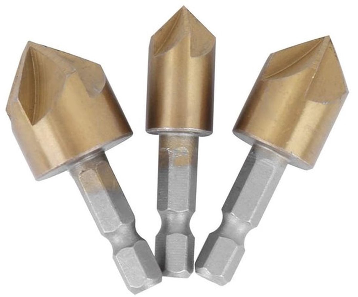 Afschuining Boorgereedschap 3 Stuks - Houtbewerking - Speed Staal - Hex Stang 5-Fluit 90° - Hout Plug Cutter - Voor Hout Quick Change Bit 12mm-19mm - Houtplug Cutter