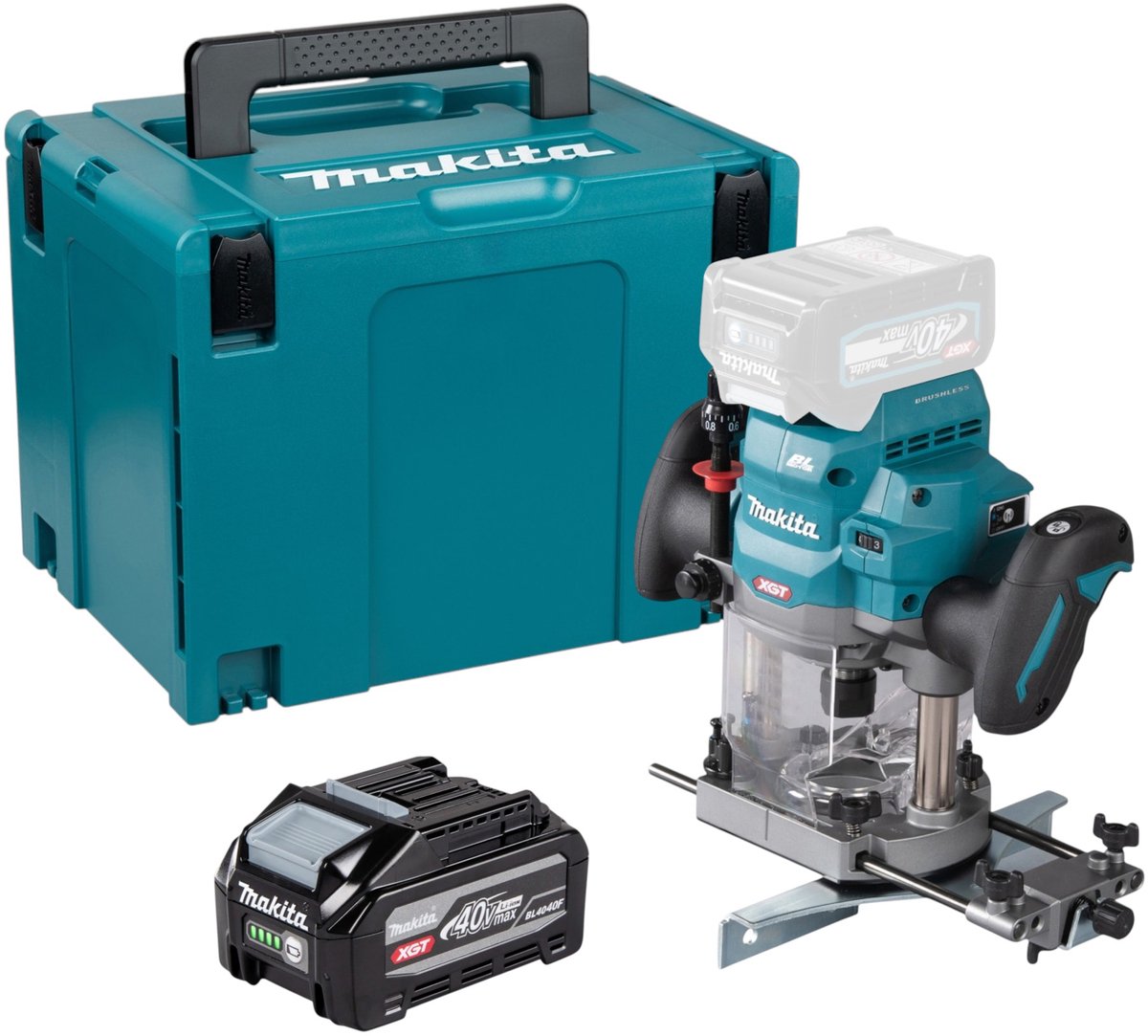 Makita RP 001 GU101 accu-bovenfrees 40 V max. 12 mm borstelloos + 1x accu 4,0 Ah + Makpac – zonder oplader