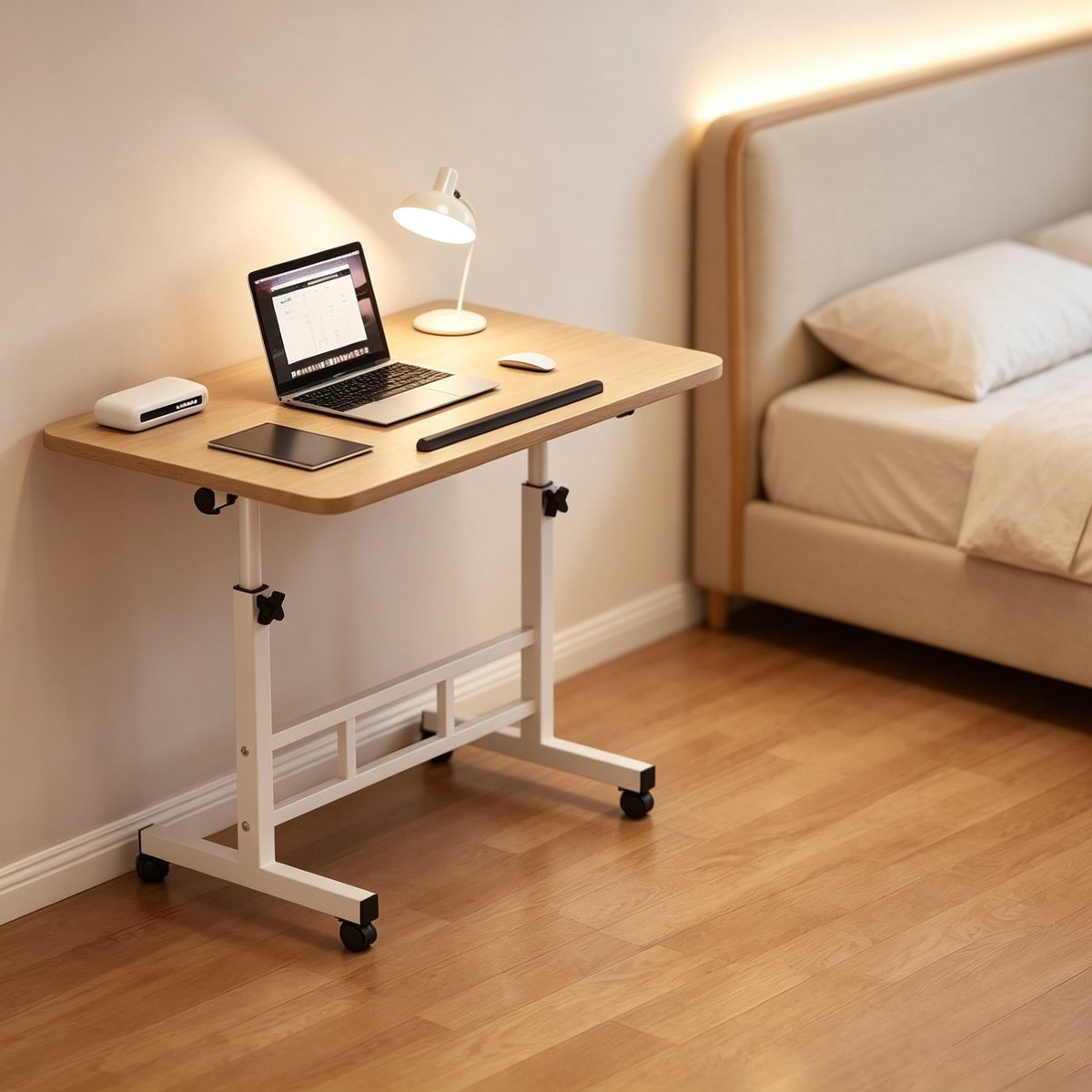 In hoogte verstelbaar mobiel bureau, draagbaar laptopbureau, compact staand bureau op wielen, geschikt voor thuiswerkplekken (60*40*65-87 cm, licht houtkleur).