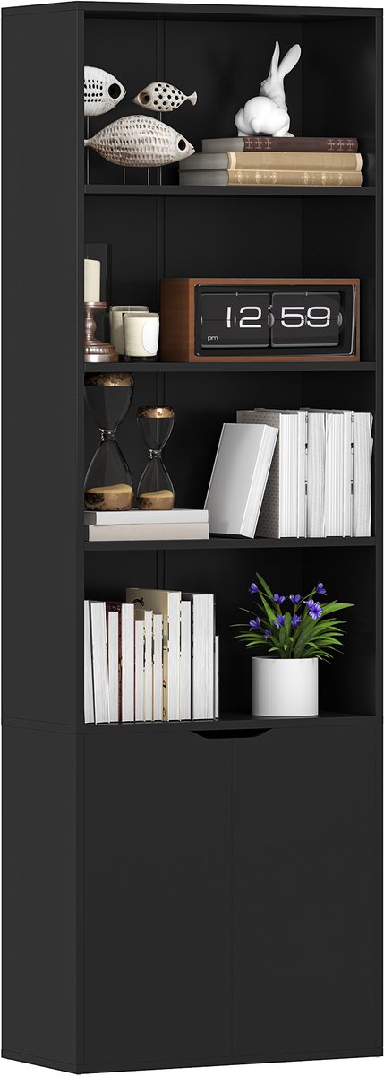 Boekenkast met 6 planken - opbergkast - 59 x 29 x 180 cm - zwart - 4 open vakken - 2 deuren