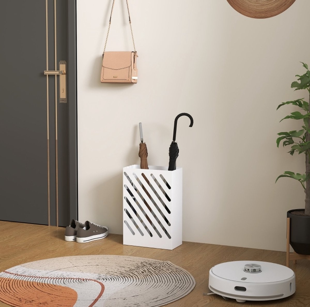 REDOM - Paraplubak - Met 4 afneembare haken - Met wateropvangschaal - Open uitsnede voor ventilatie - Hal - Staal - Wit - 28 x 14 x 41 cm