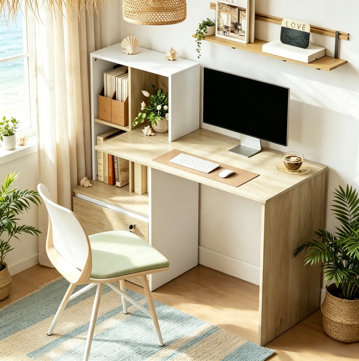 FloraGrace Bureau - Computerbureau Met Opbergruimte En Lade - Met Boekenrek En 4 Vakken - Voor Thuiswerk En Studeren - Spaanplaat - Wit Licht Eiken - 126x50x109 Cm