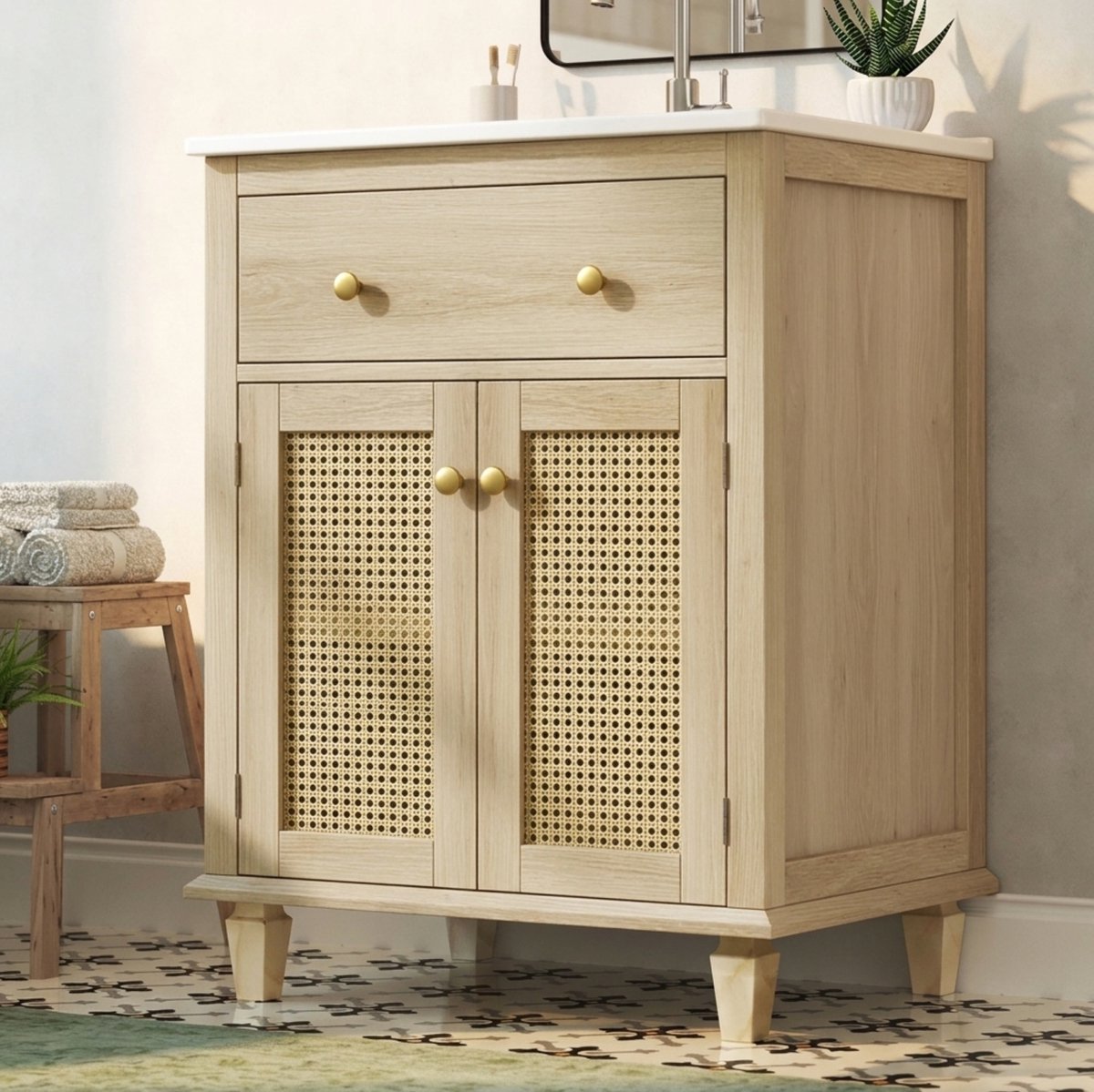 FloraGrace Badkamer Wastafelonderkast - 61 Cm - Rotan Deuren Met Klaplade En Verstelbare Plank - Keramische Wastafel - Naturel Hout - 61x47x87 Cm