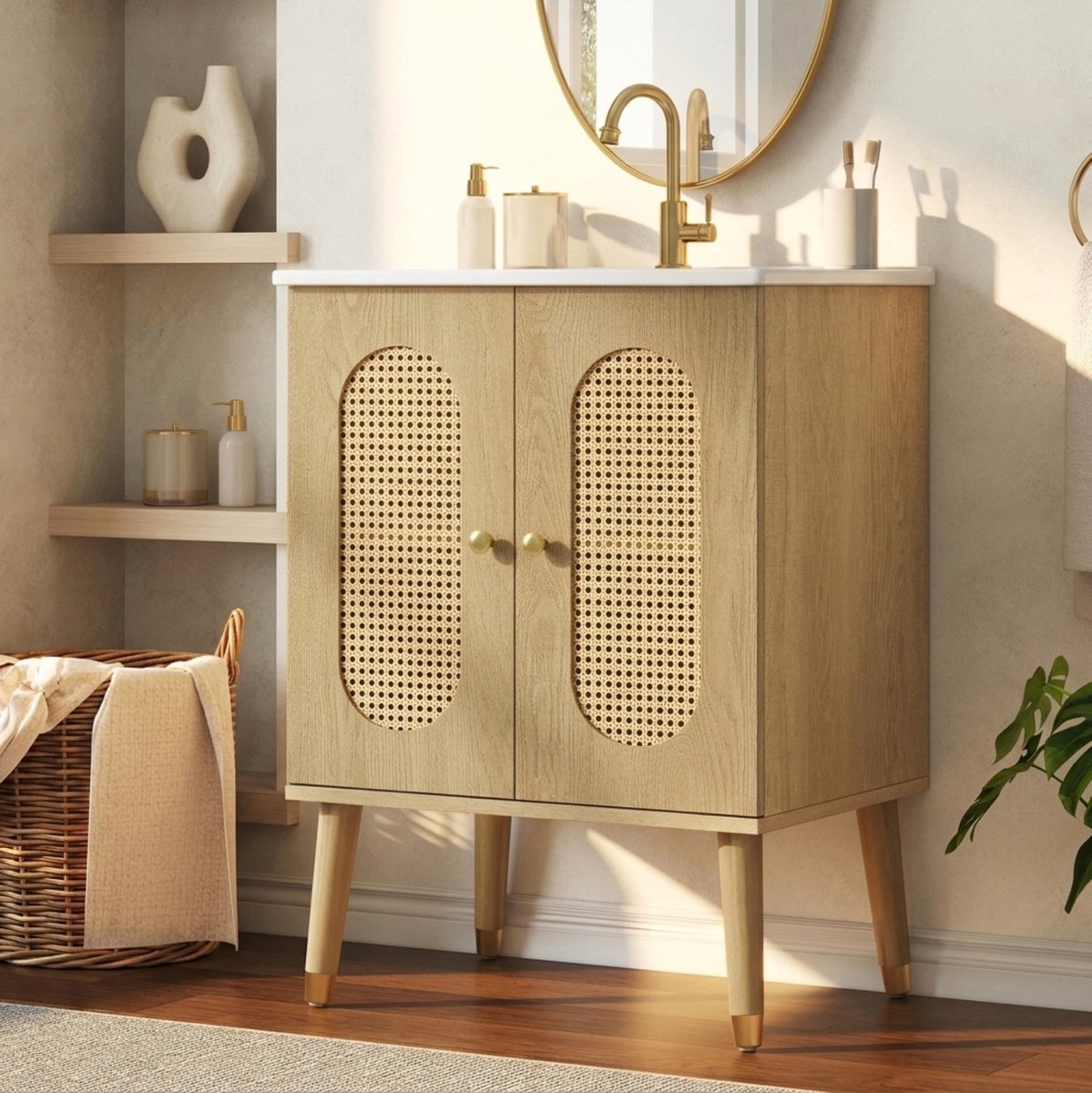 FloraGrace Wastafelonderkast - 61 Cm Badkamerkast Met Rotan Deuren En Keramische Wastafel - Bohemian Opbergkast Voor Badkamer - Hout En Keramiek - Naturel