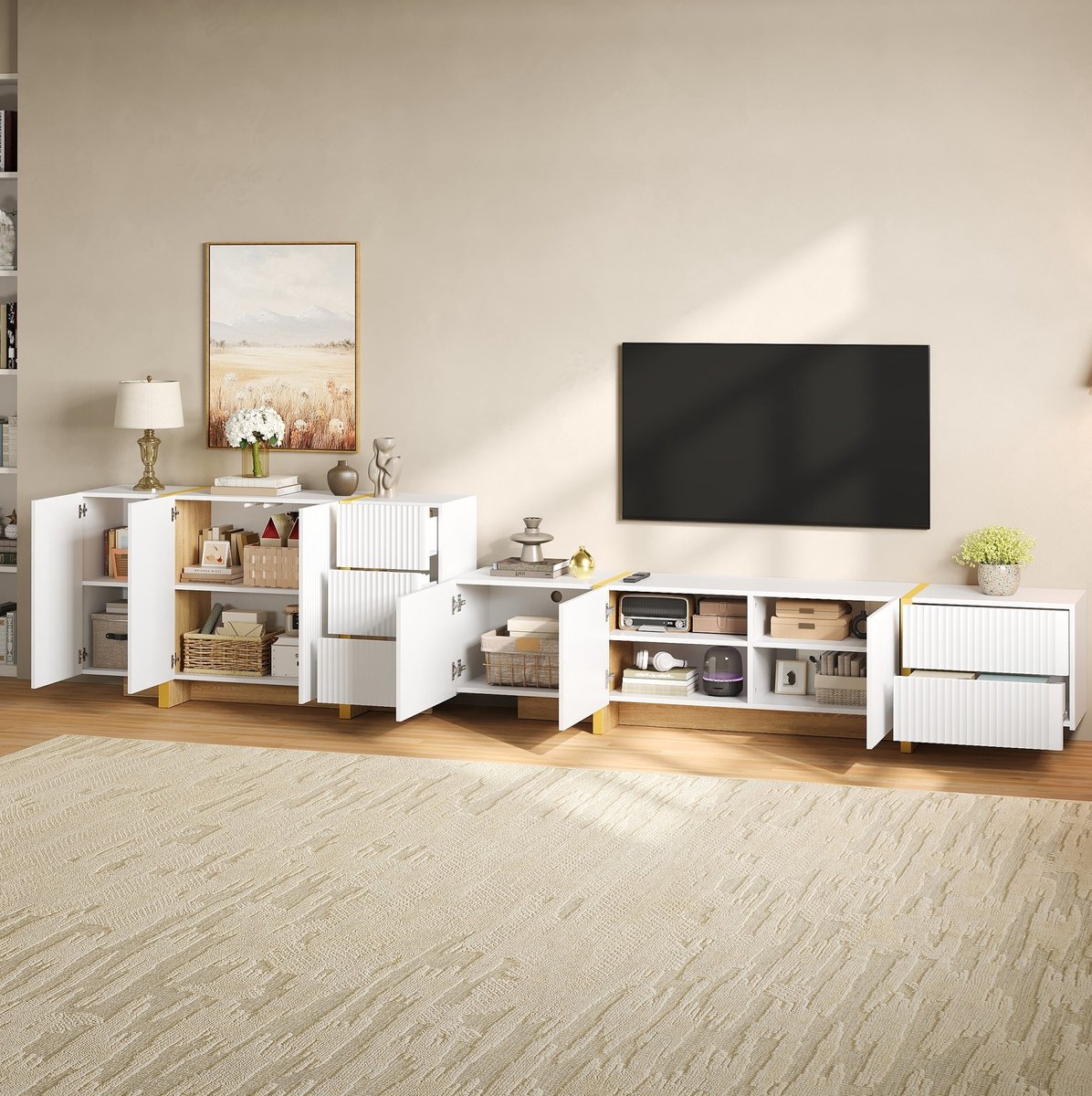 FloraGrace Tv Meubel Set - Rillenfront En Griffloos Design - Voor Woonkamer En Mediaruimte - Wit - 190 X 35 X 45 Cm