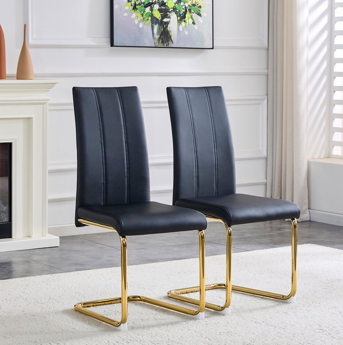 Eetkamerstoel Zwart Gouden Onderstel Set Van 2 - Ergonomische Hoge Rugleuning - Voor Eetkamer Keuken En Kantoor - PU Leer Metaal