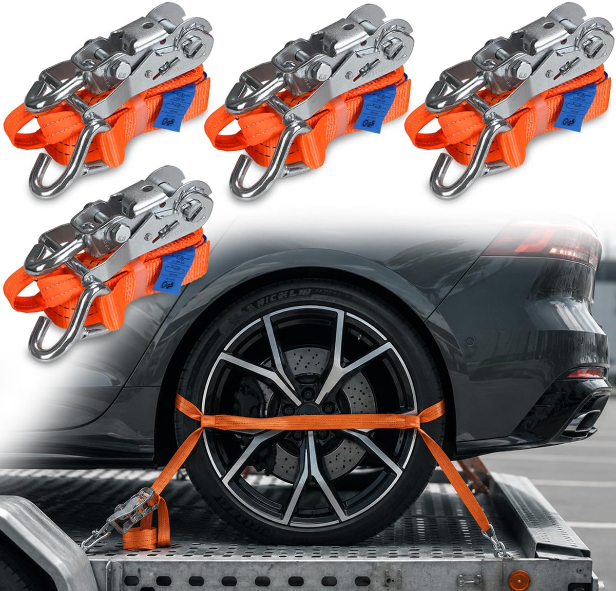 Famanu – Wielspanbanden set van 4 spanbanden van 2,9 m, ratelbanden met een trekkracht van 2000 daN, 50 mm breed, voor autotransport