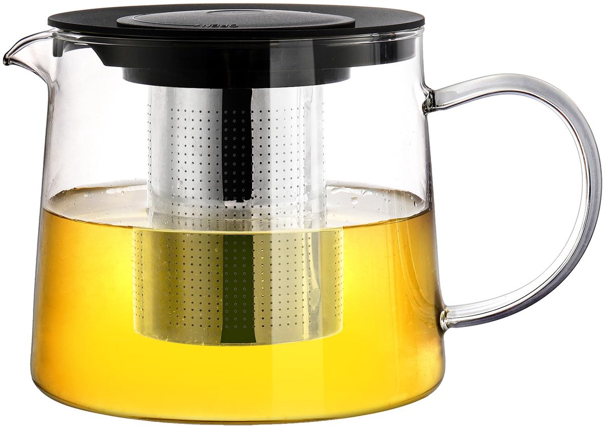Famanu – Glazen theepot van 1,5 liter met hittebestendig roestvrijstalen filter, afneembare infuser voor thee en koffie, kunststof deksel