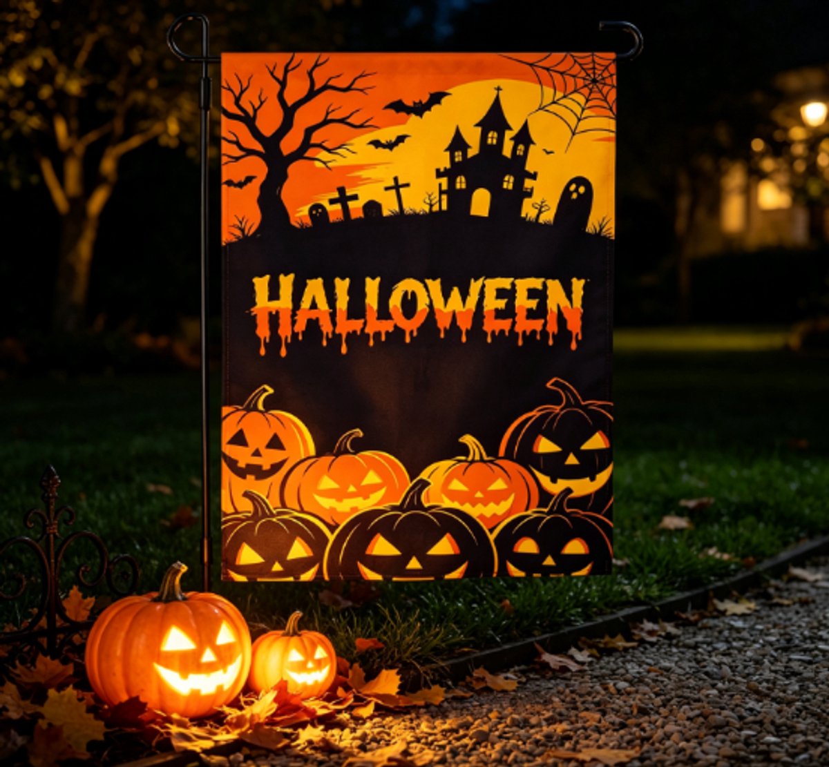 Daity Halloween-decoraties - 'Happy Halloween'-tuinvlag - Dubbelzijdige Halloween-achtergrondbanner - Halloween-feestartikelen en -decoratie voor buiten (tuin, erf, veranda, terras, gazon)