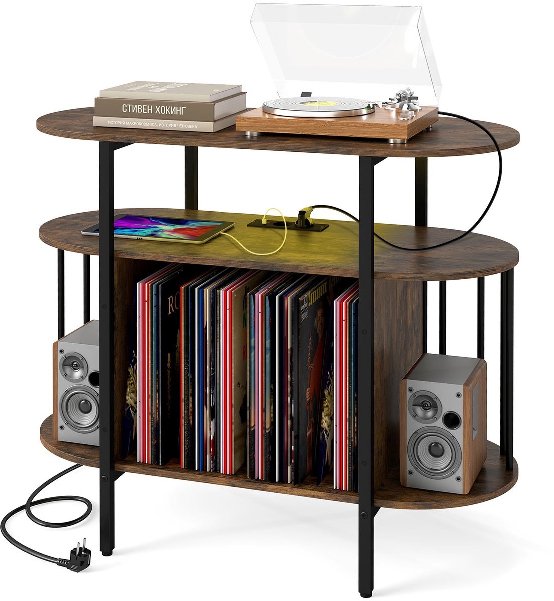 Platenspeler standaard-platenspelerkast - draaitafelstandaard - vintage displayplank - Zwart en Bruin