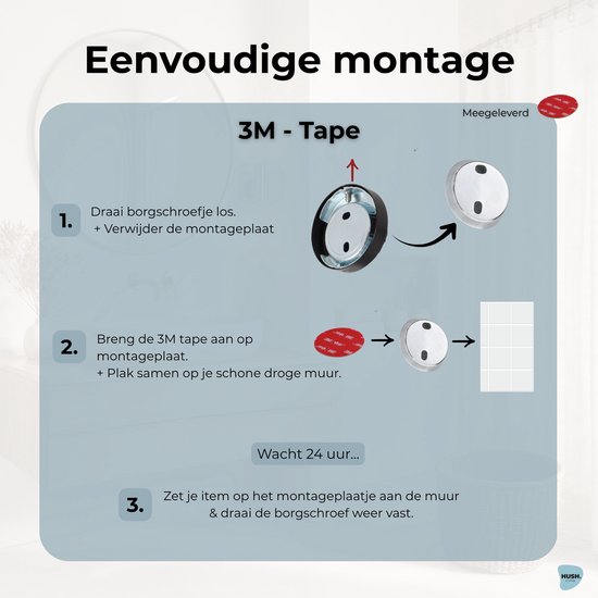 Montageinstructies met 3M-tape: losdraaien, tape aanbrengen, 24 uur wachten, bevestigen.