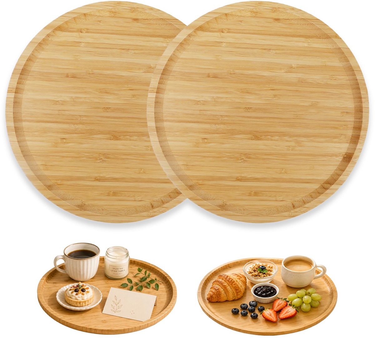 Famanu – Set van 2 ronde houten dienbladen, groot, 30 cm, voor woonkamertafel, levensmiddelen en fruit