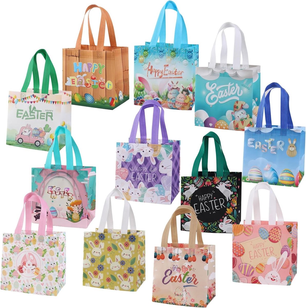 Easter Presentatie Tassen, 12 Stuks Herbruikbare Papieren Tassen met Handvatten, Unieke Paashaas en Eieren Tassen voor Kinderen, Perfect voor Feestjes en Cadeaus
