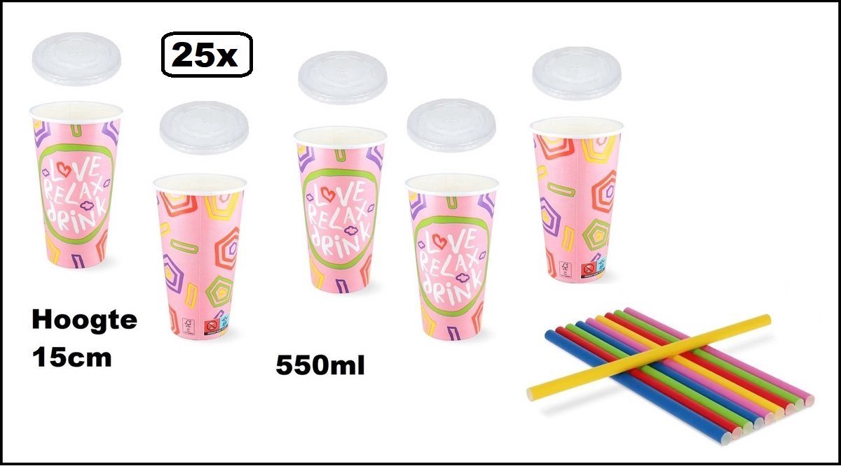 25x Milkshake beker Relax roze 550ml + 25x deksel + 25x rietjes color - Karton - Drinken beker thema feest festival evenement fun diner milkshakebeker