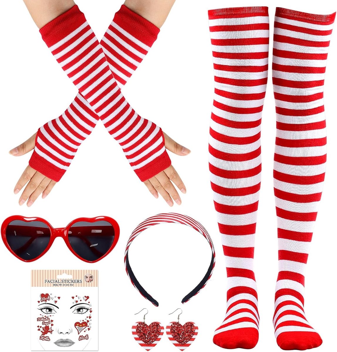 Carnaval Kostuum Rood Wit Set van 6, Inclusief Hoofdband, Handschoenen, Kousen en Accessoires voor Vrouwen