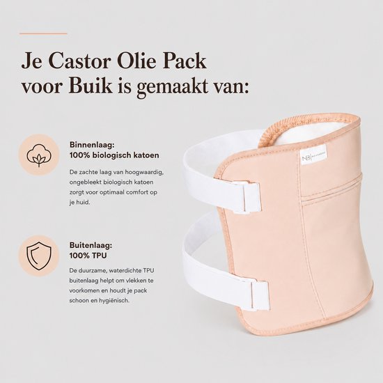 Beige buikband van biologisch katoen met witte klittenbandsluitingen. De binnenlaag is van 100% biologisch katoen, de buitenlaag van 100% TPU.