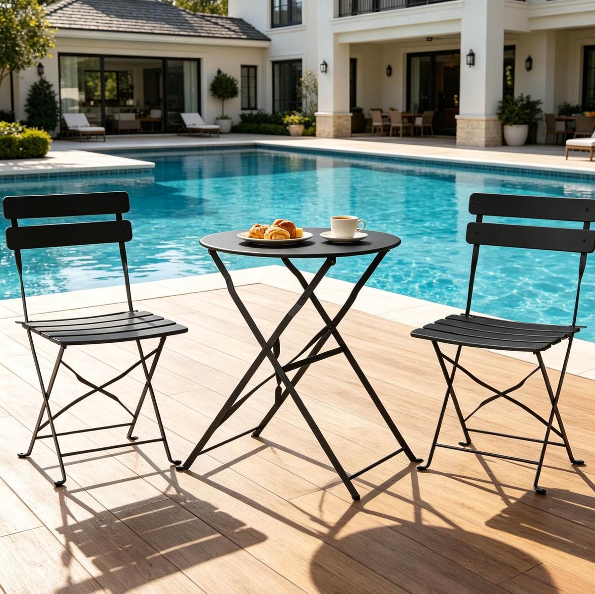 OKWISH Tuinset Voor Balkon En Terras - 2 Stoelen En 1 Tafel - Inklapbaar, Ruimtebesparend En Zonder Montage - Metaal - Zwart
