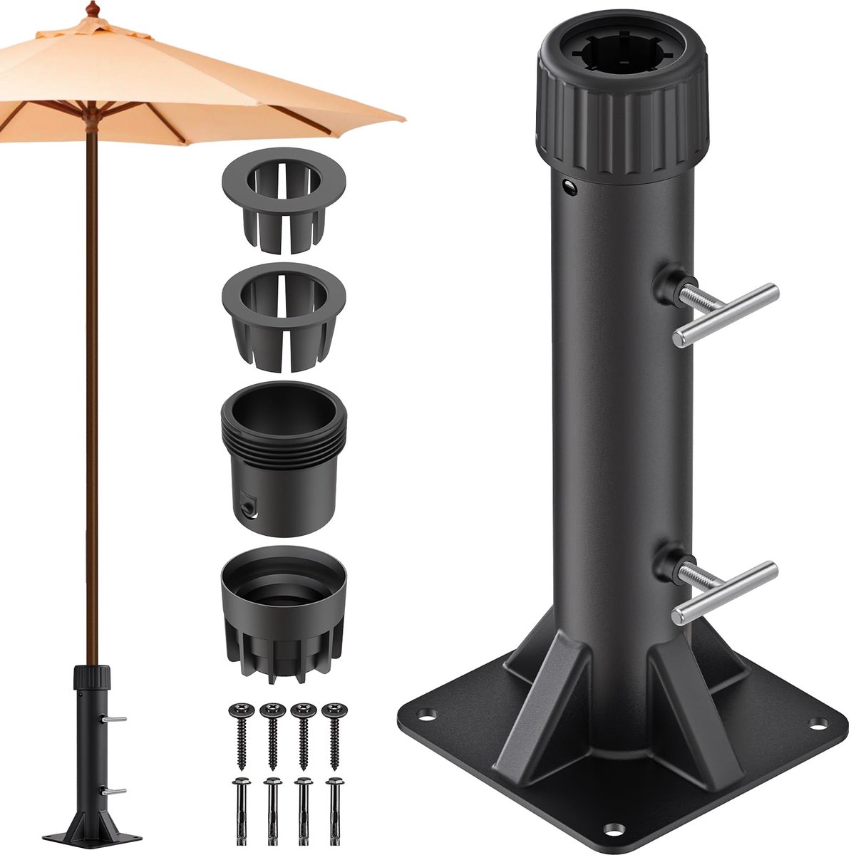 Famanu – Heavy Duty terrasparasolstandaard met stalen handschroeven, geschikt voor palen tot 5 cm, winddicht ontwerp voor terras en tuin