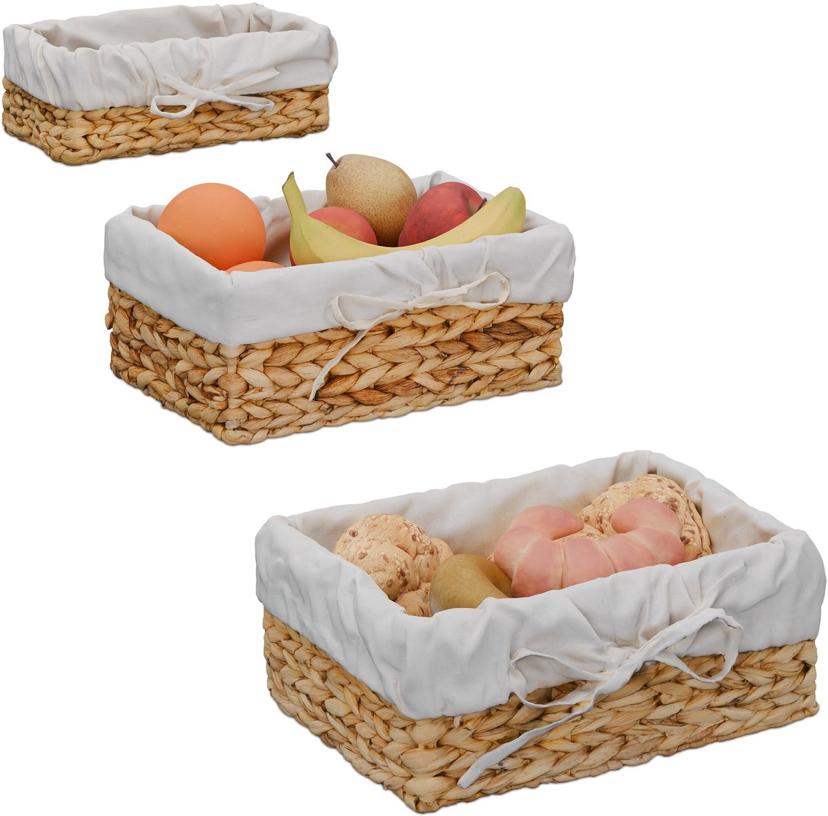Famanu – Broodmand set van 3 stuks in verschillende maten, gevlochten met katoenen voering, Scandinavische stijl, natuur/crème