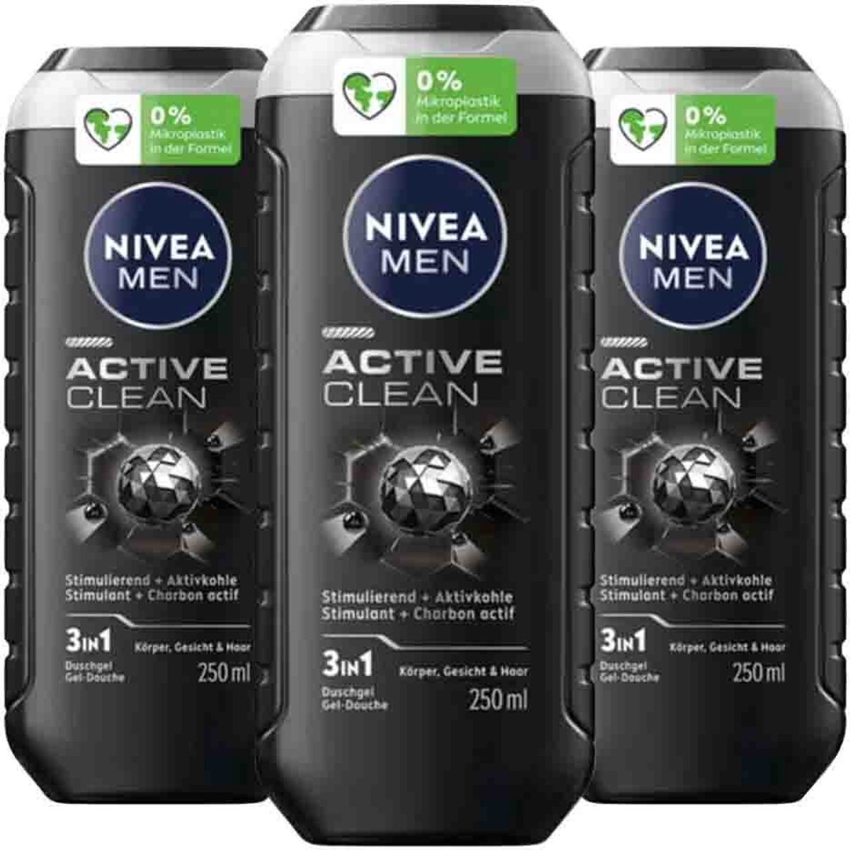 NIVEA Men Shampoo & Douchegel 3in1 Active Clean - 3 x 250 ml - Voordeelverpakking